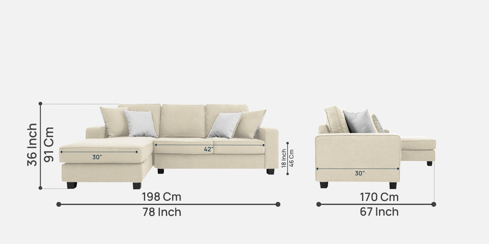 Ladybug Fabric RHS Sectional Sofa (2+Lounger) In Ivory Cream Colour - Febonic Living