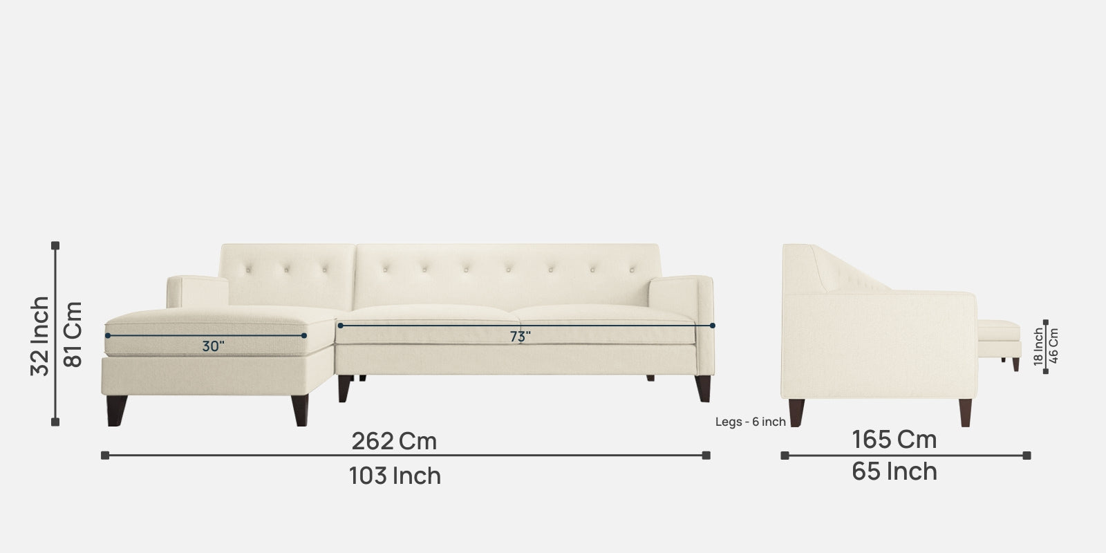 Miller Fabric RHS Sectional Sofa (3+Lounger) In Ivory Cream Colour - Febonic Living