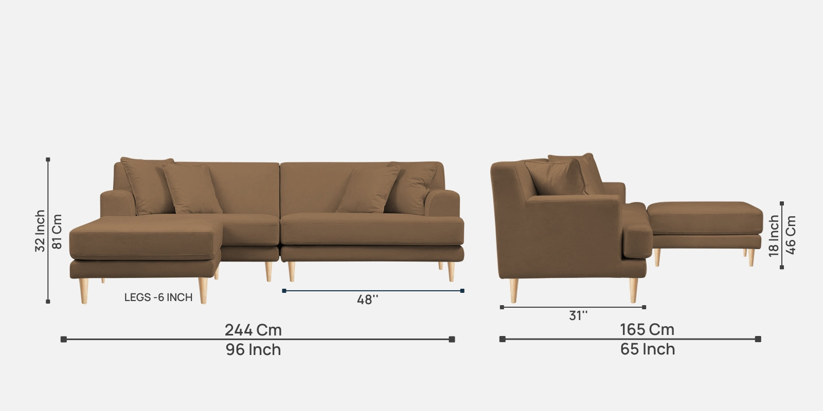 Woody Fabric RHS Sectional Sofa (3+Lounger) In Dusty peach Colour - Febonic Living