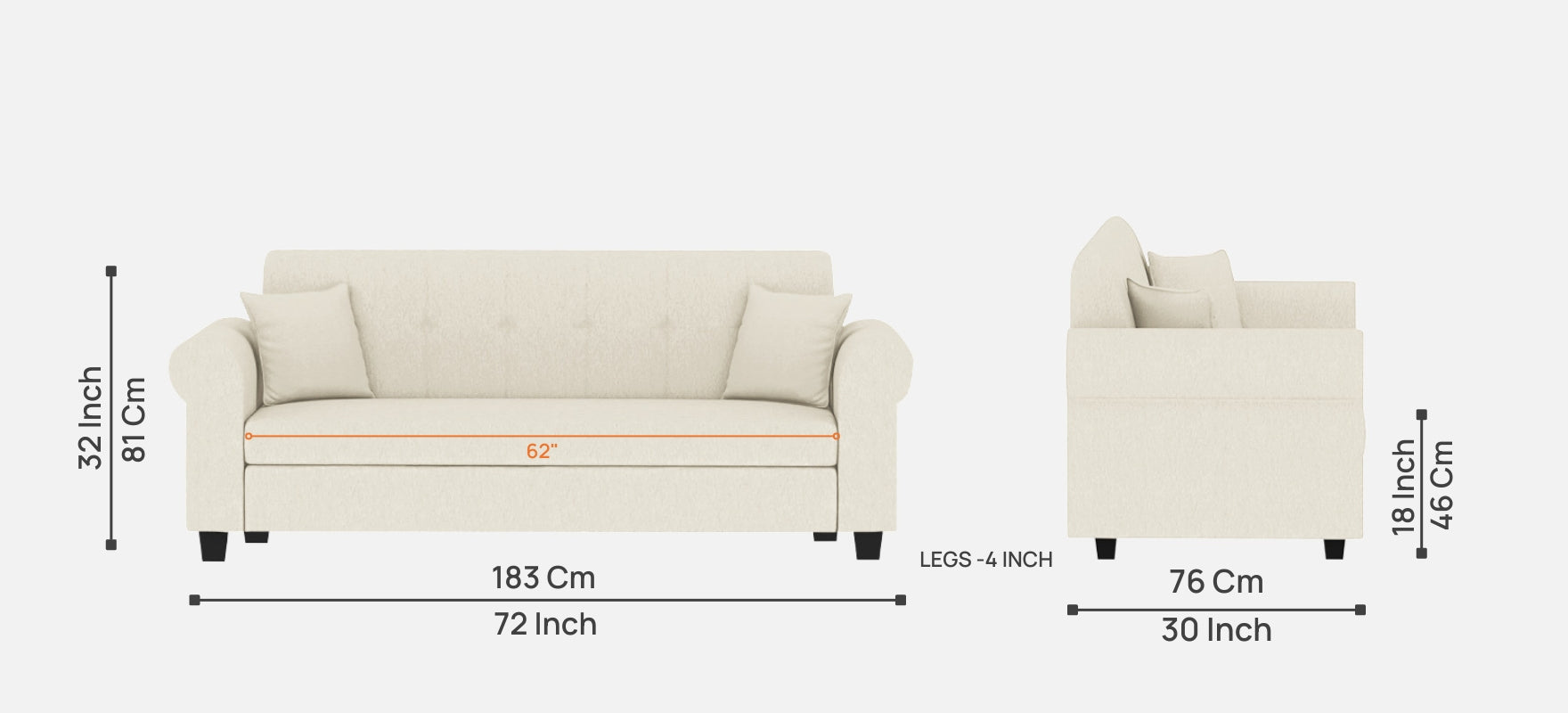 Derado Fabric 3 Seater Sofa In Ivory Cream Colour - Febonic Living