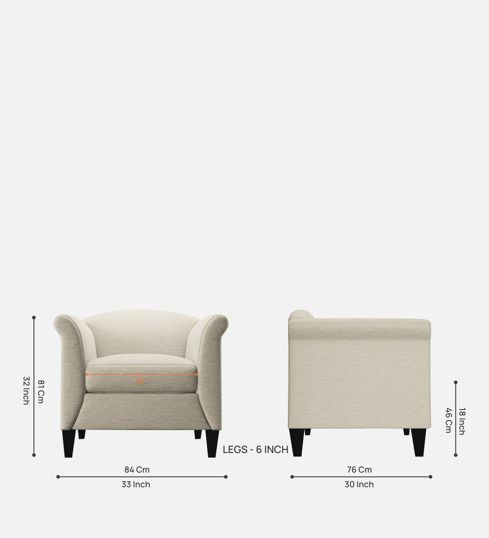 Kimber Fabric 1 Seater Sofa in Ivory Cream Colour