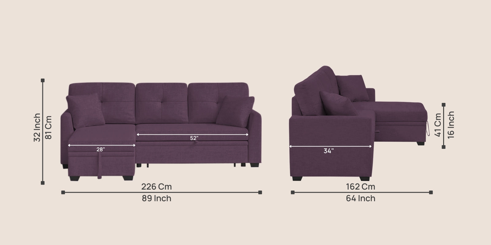 Jody Fabric 3 Seater Pull Out Sofa Cum Bed In Greek Purple Colour With Storage - Febonic Living