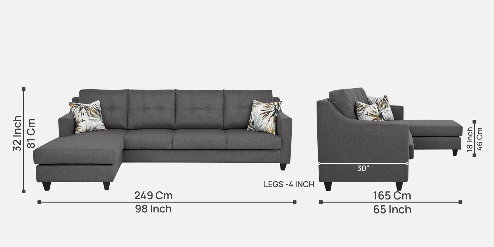Welly Fabric Rhs Sectional Sofa 3 Lounger In Sudo Grey Colour - Febonic Living