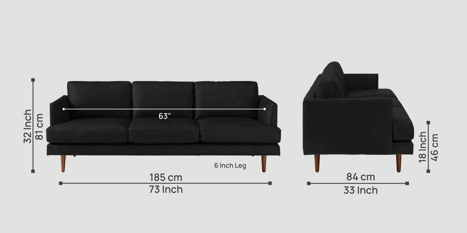 Sterio Leatherette 3 Seater Sofa In Light Black Colour - Febonic Living