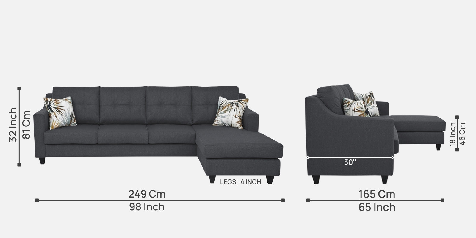 Welly Fabric LHS Sectional Sofa (3+Lounger) In Maba Grey Colour - Febonic Living