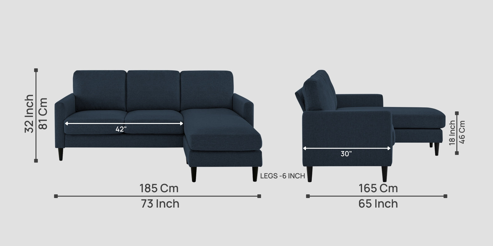Romie Fabric LHS Sectional Sofa (2+Lounger) In Denim Blue Colour - Febonic Living