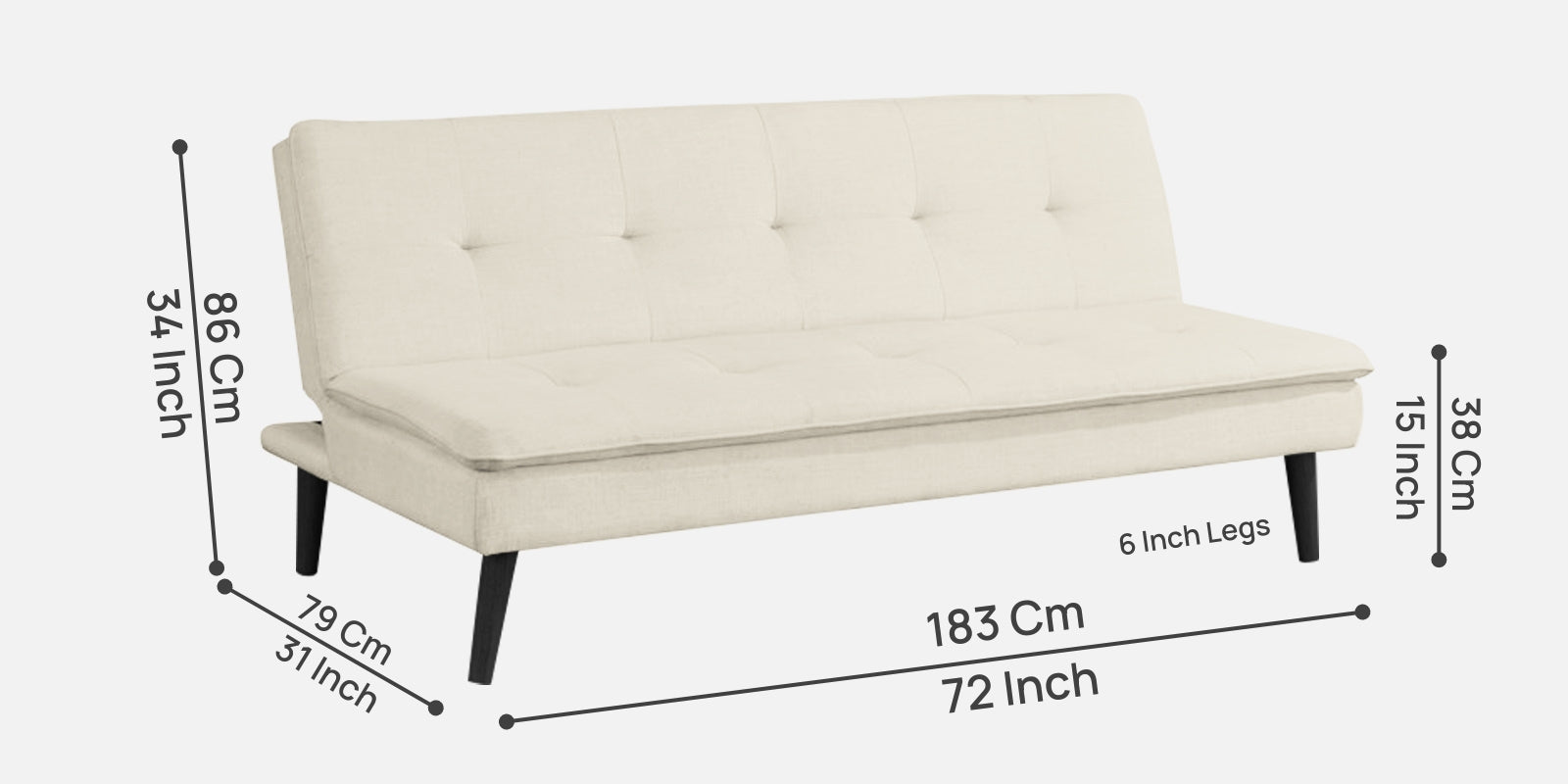 Toner Fabric 3 Seater Convertible Sofa Cum Bed In Ivory Cream Colour - Febonic Living
