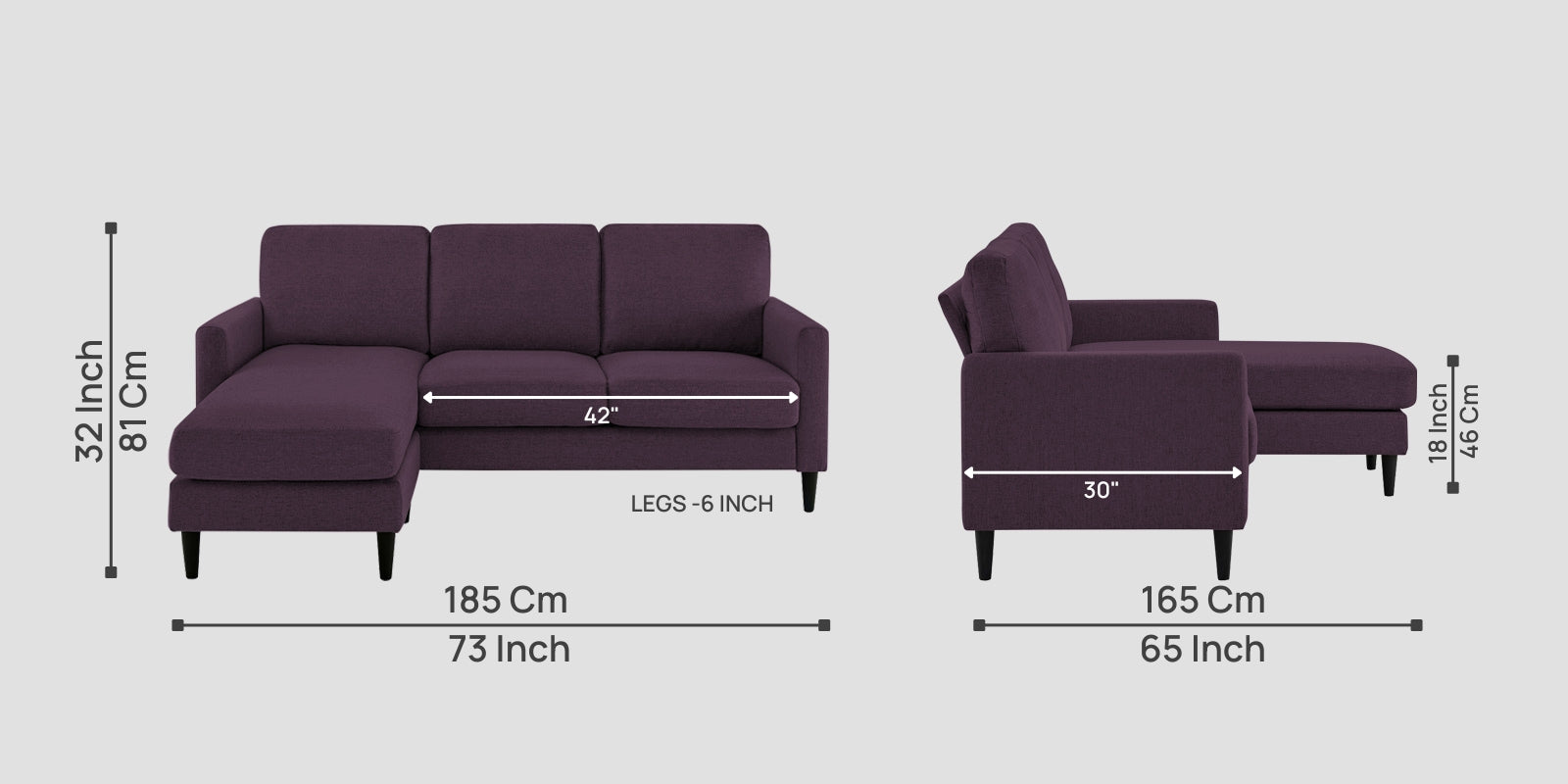 Romie Fabric RHS Sectional Sofa (2+Lounger) In Greek Purple Colour - Febonic Living
