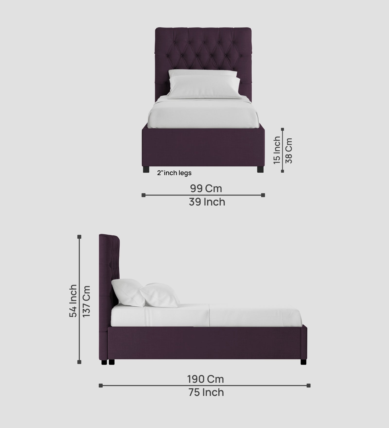 Isko Fabric Upholstered Single Bed in Greek Purple Colour with Box Storage - Febonic Living