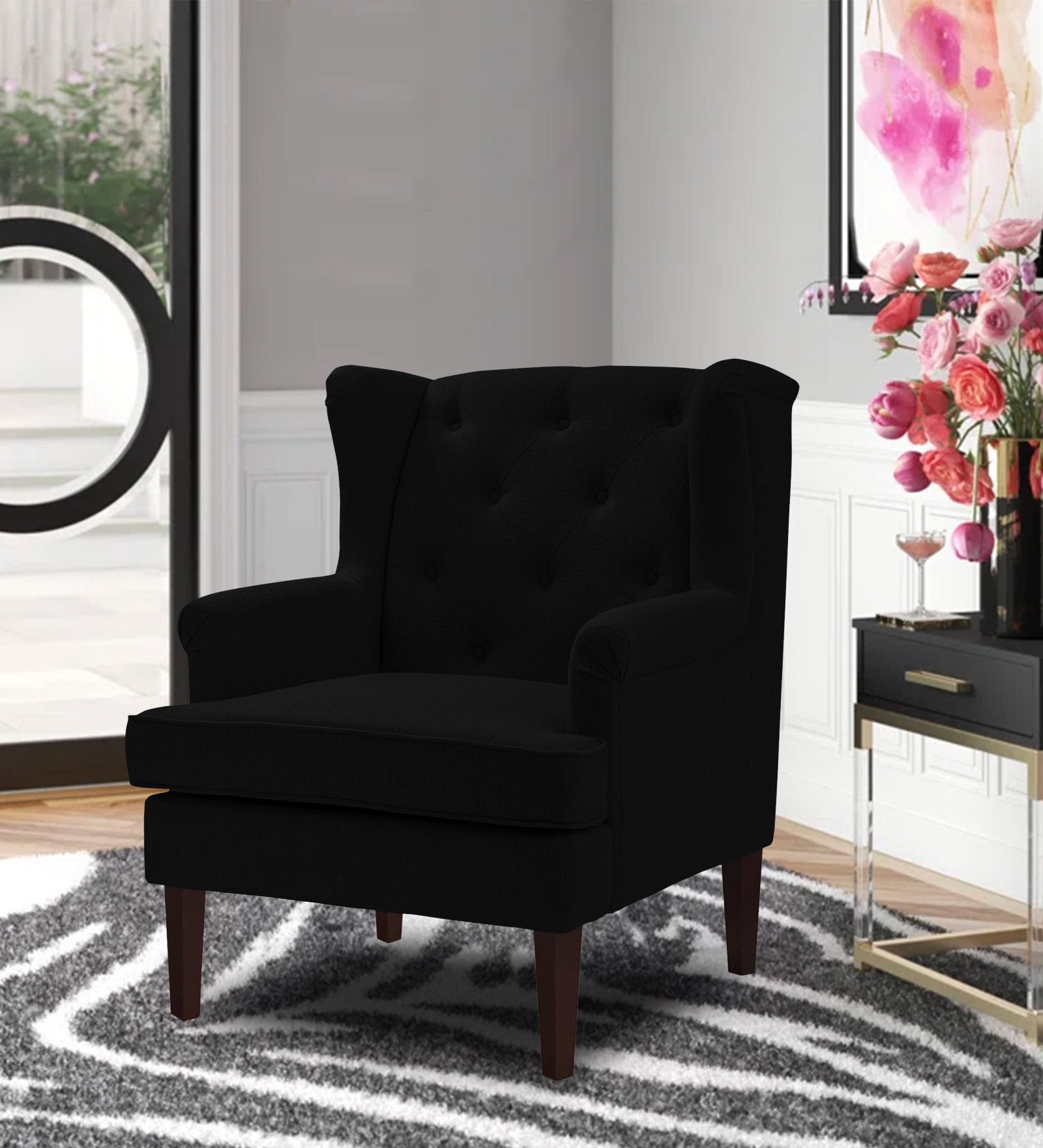 Deyuk Fabric Wing Chair In Zed Black Colour - Febonic Living