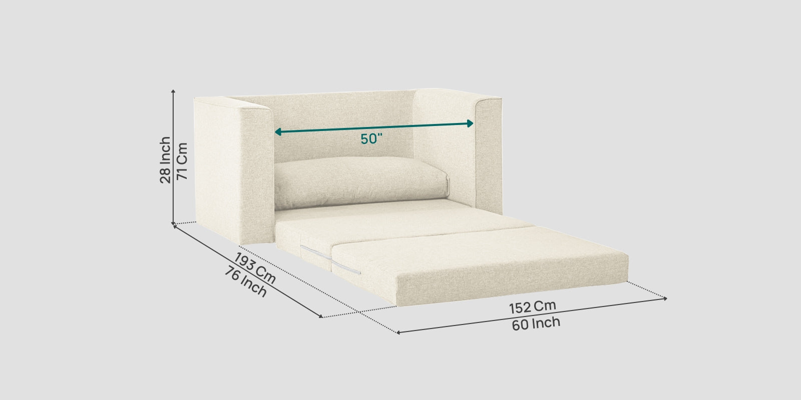 Kenia Fabric 2 Seater Foldable Sofa Cum Bed In Ivory cream Colour - Febonic Living