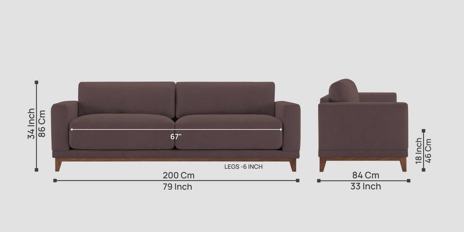 Esha Fabric 3 Seater Sofa In Night Brown Colour - Febonic Living