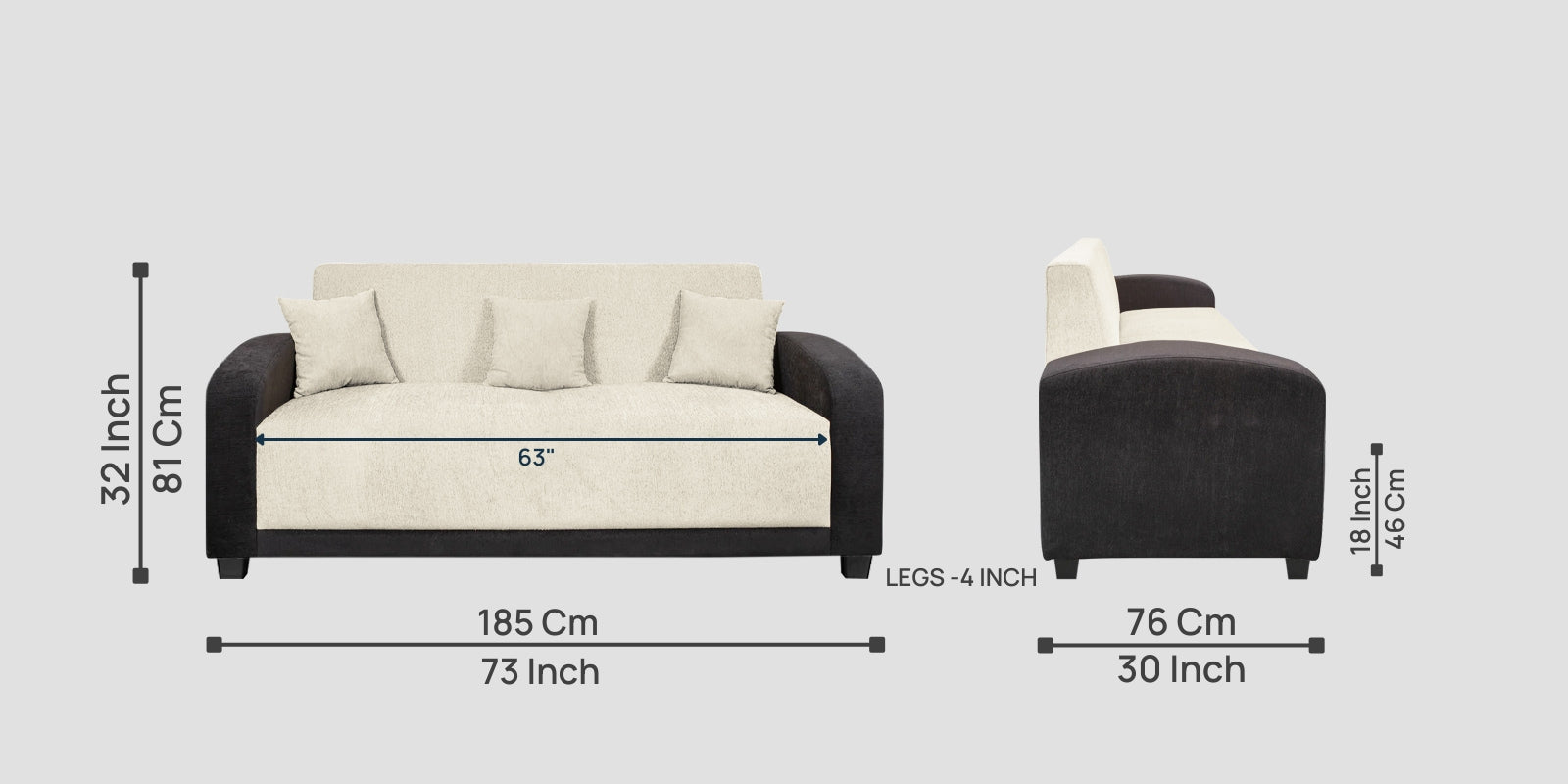 Alex Fabric 3 Seater Sofa In Ivory Cream Colour