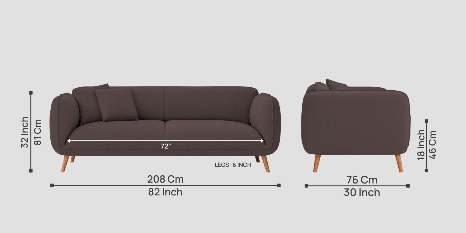 Zia Fabric 3 Seater Sofa In Night Brown Colour