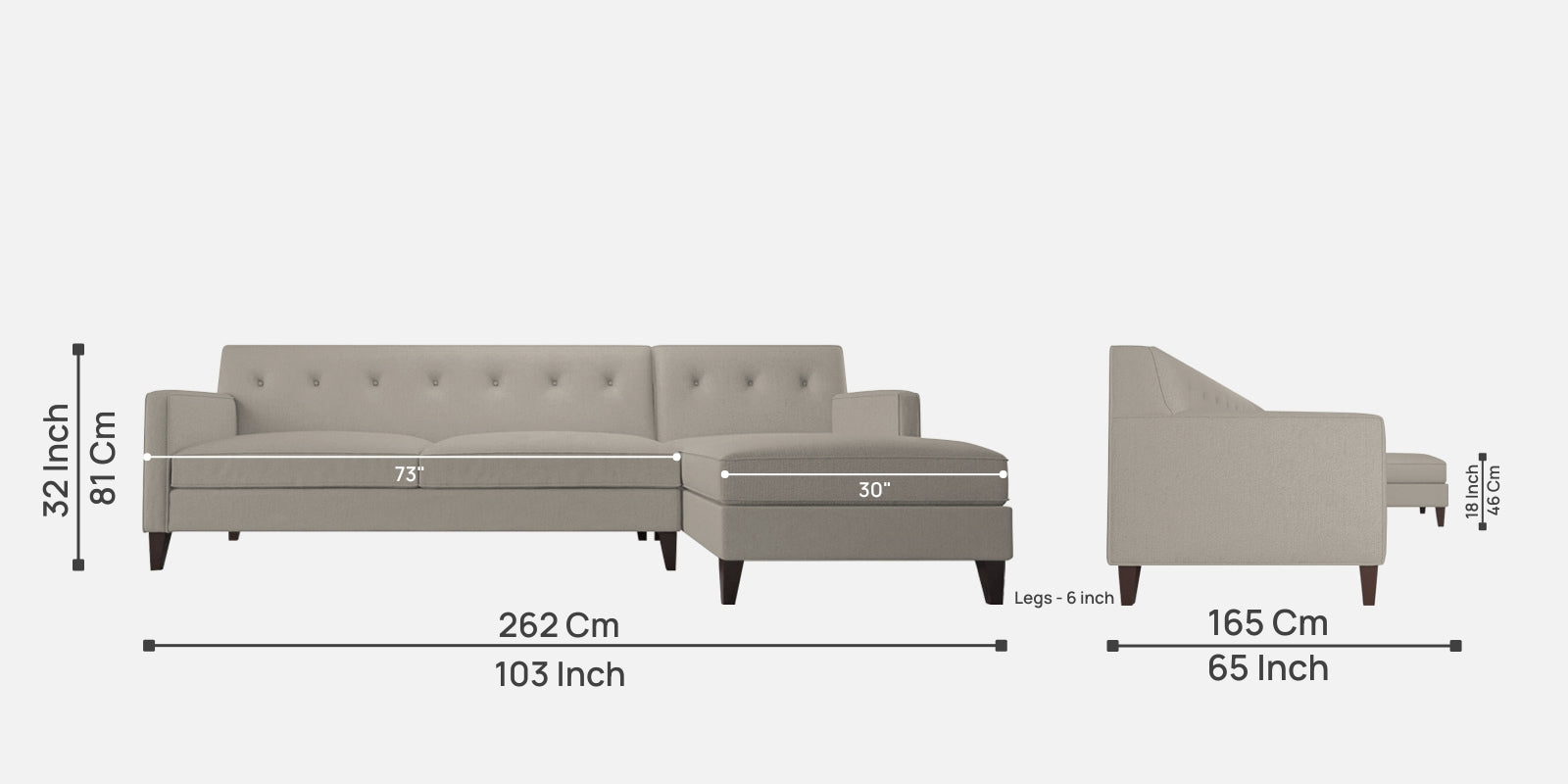 Miller Fabric LHS Sectional Sofa (3+Lounger) In Ash Grey Colour - Febonic Living