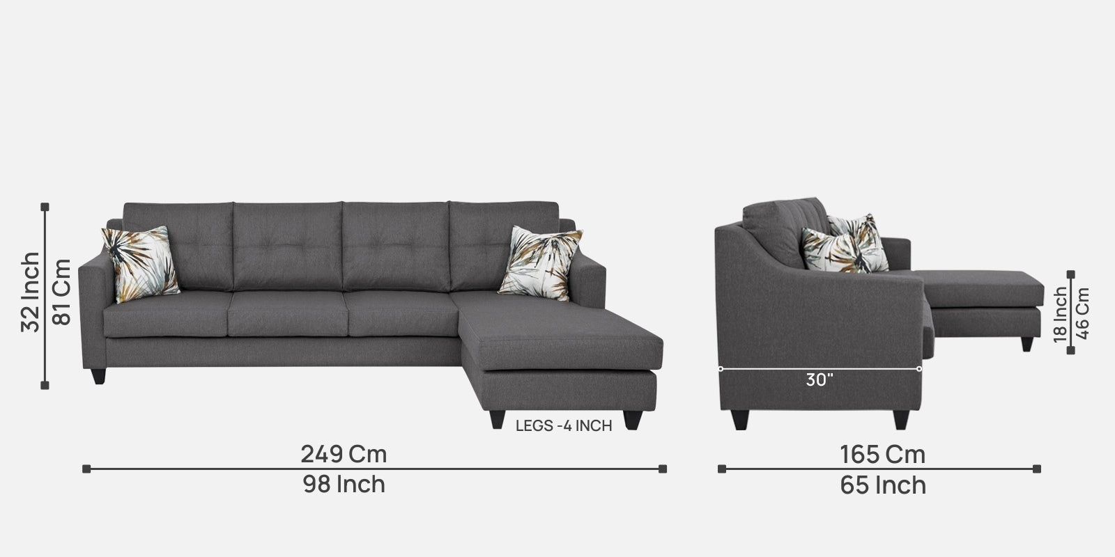 Welly Fabric LHS Sectional Sofa (3+Lounger) In Sudo Grey Colour - Febonic Living