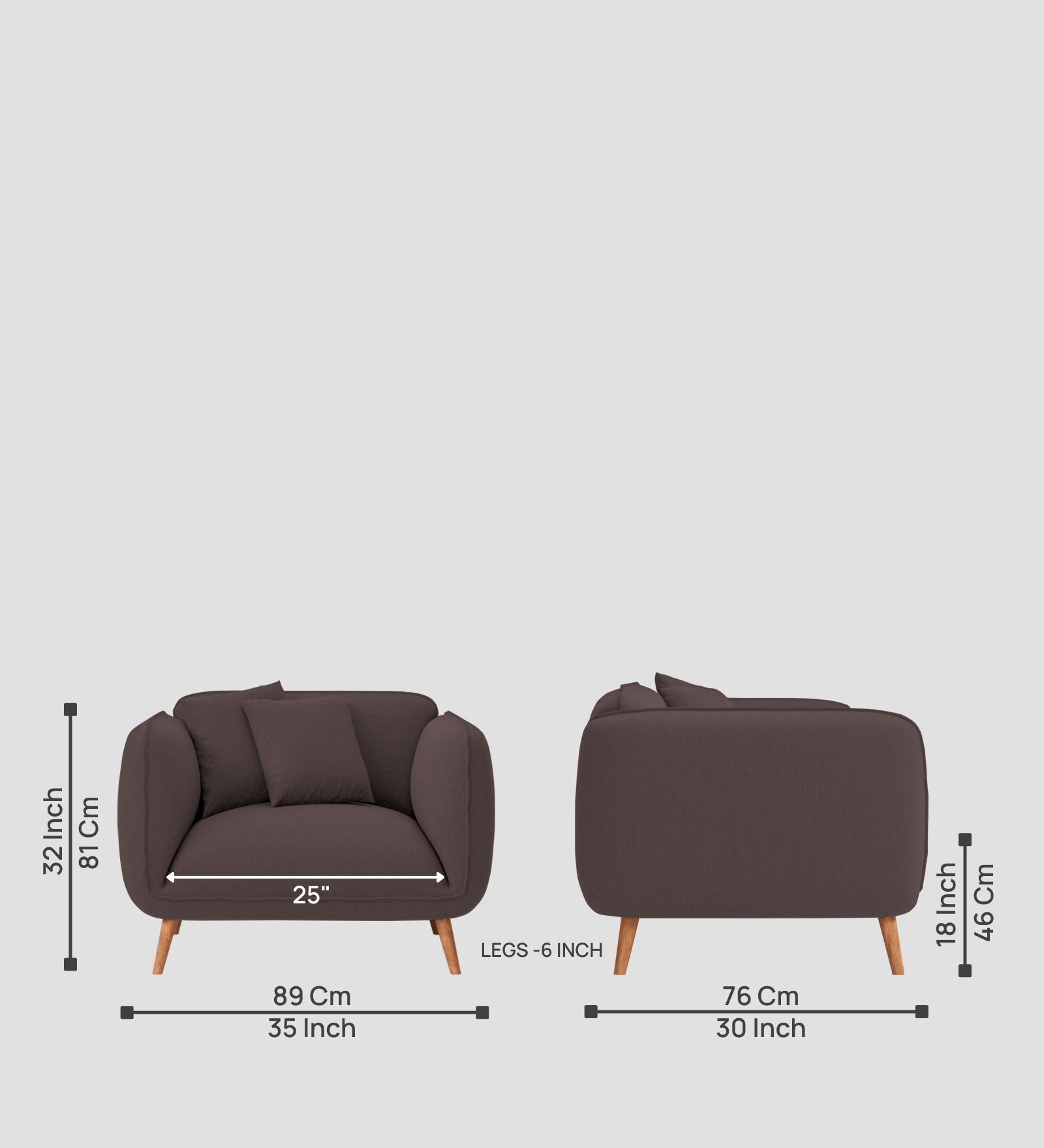 Zia Fabric 1 Seater Sofa In Night Brown Colour - Febonic Living