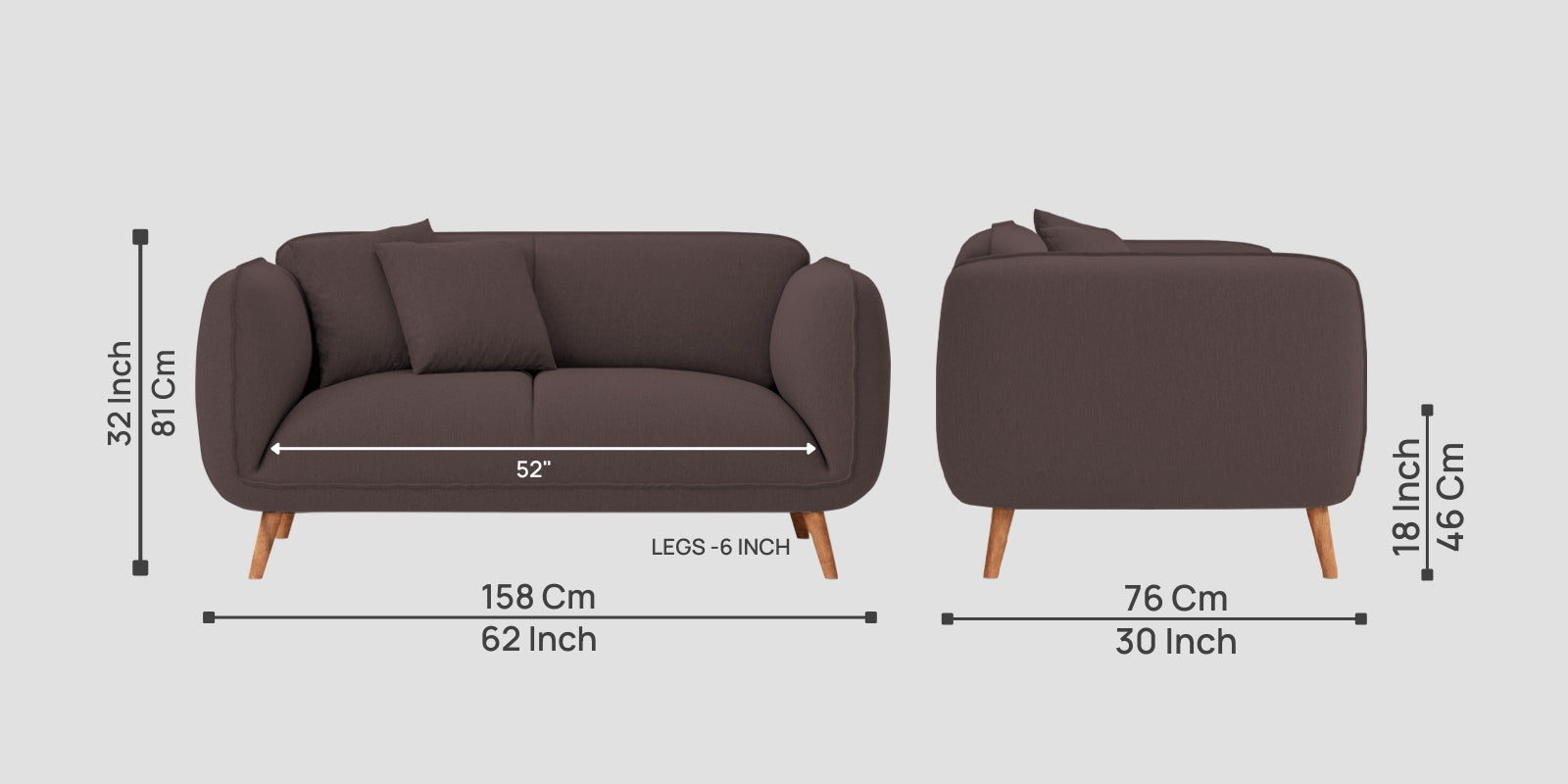 Zia Fabric 2 Seater Sofa In Night Brown Colour - Febonic Living