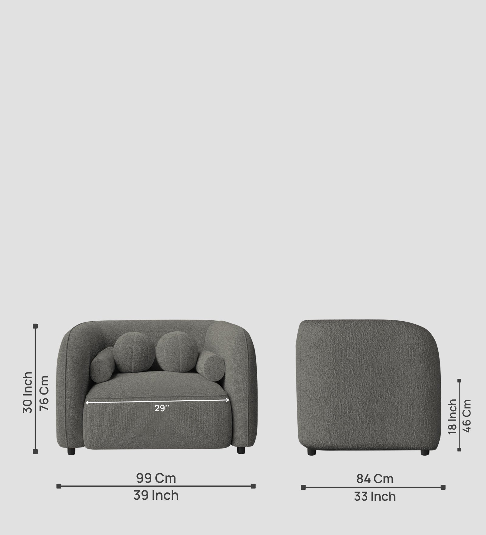 Corny Boucle Fabric 1 Seater Sofa In Moon Grey Colour - Febonic Living
