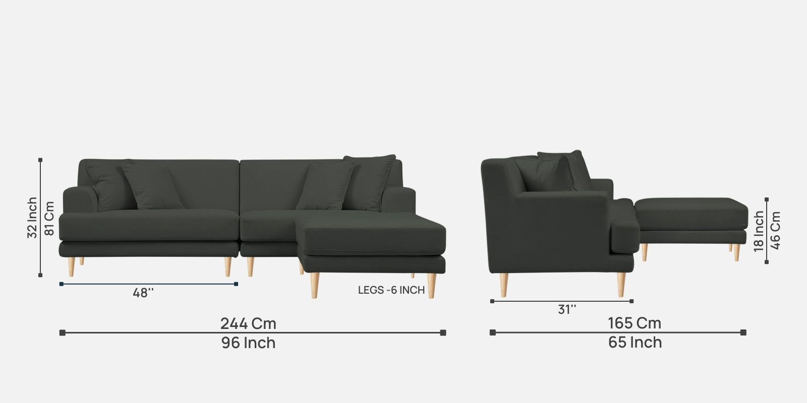 Woody Fabric LHS Sectional Sofa (3+Lounger) In I-Land Green Colour - Febonic Living