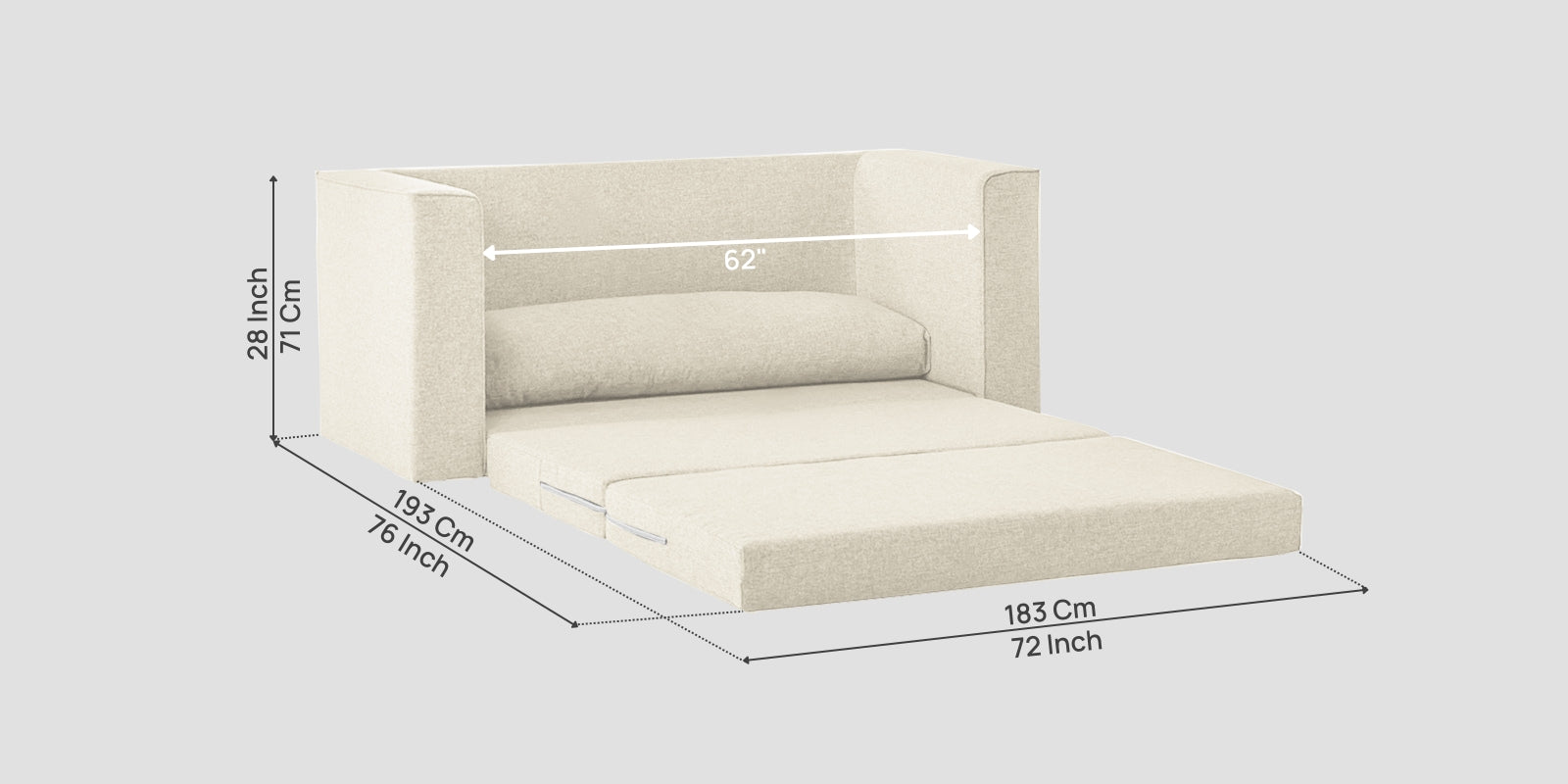 Kenia Fabric 3 Seater Foldable Sofa Cum Bed In Ivory cream Colour - Febonic Living
