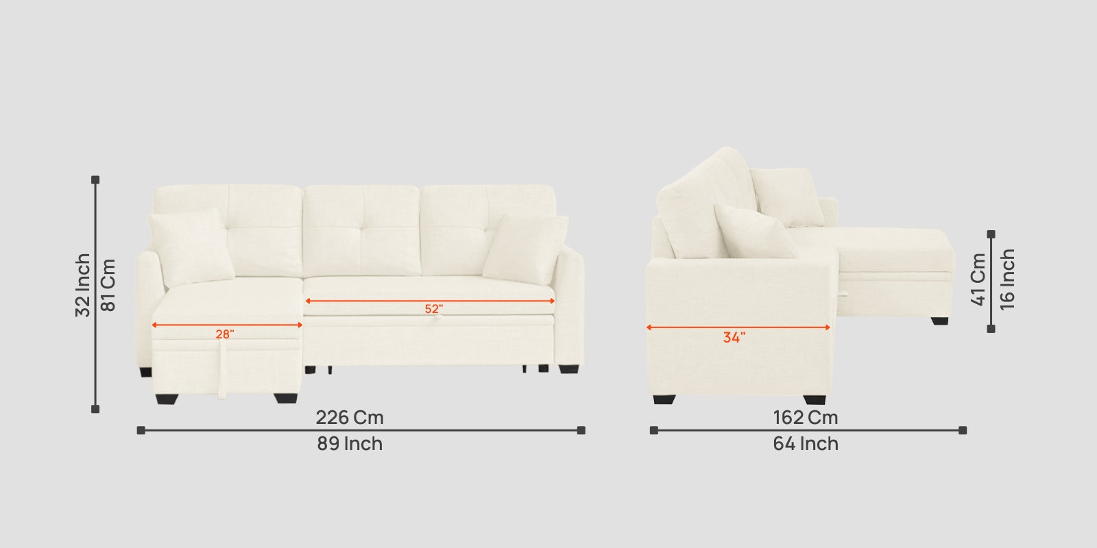 Jody Fabric 3 Seater Pull Out Sofa Cum Bed In Ivory Cream Colour With Storage - Febonic Living