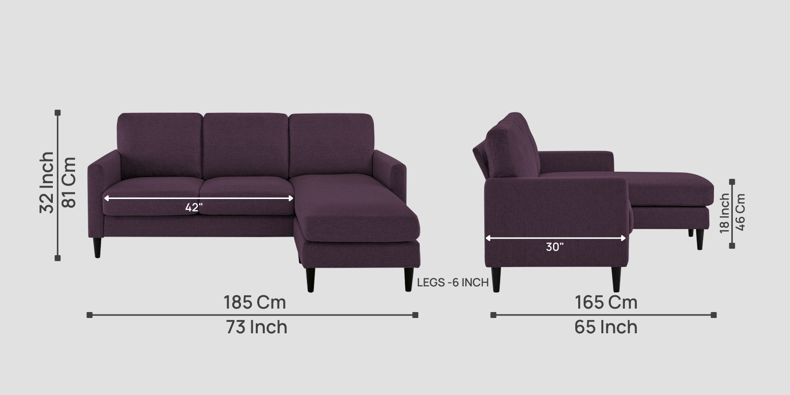 Romie Fabric LHS Sectional Sofa (2+Lounger) In Greek Purple Colour - Febonic Living