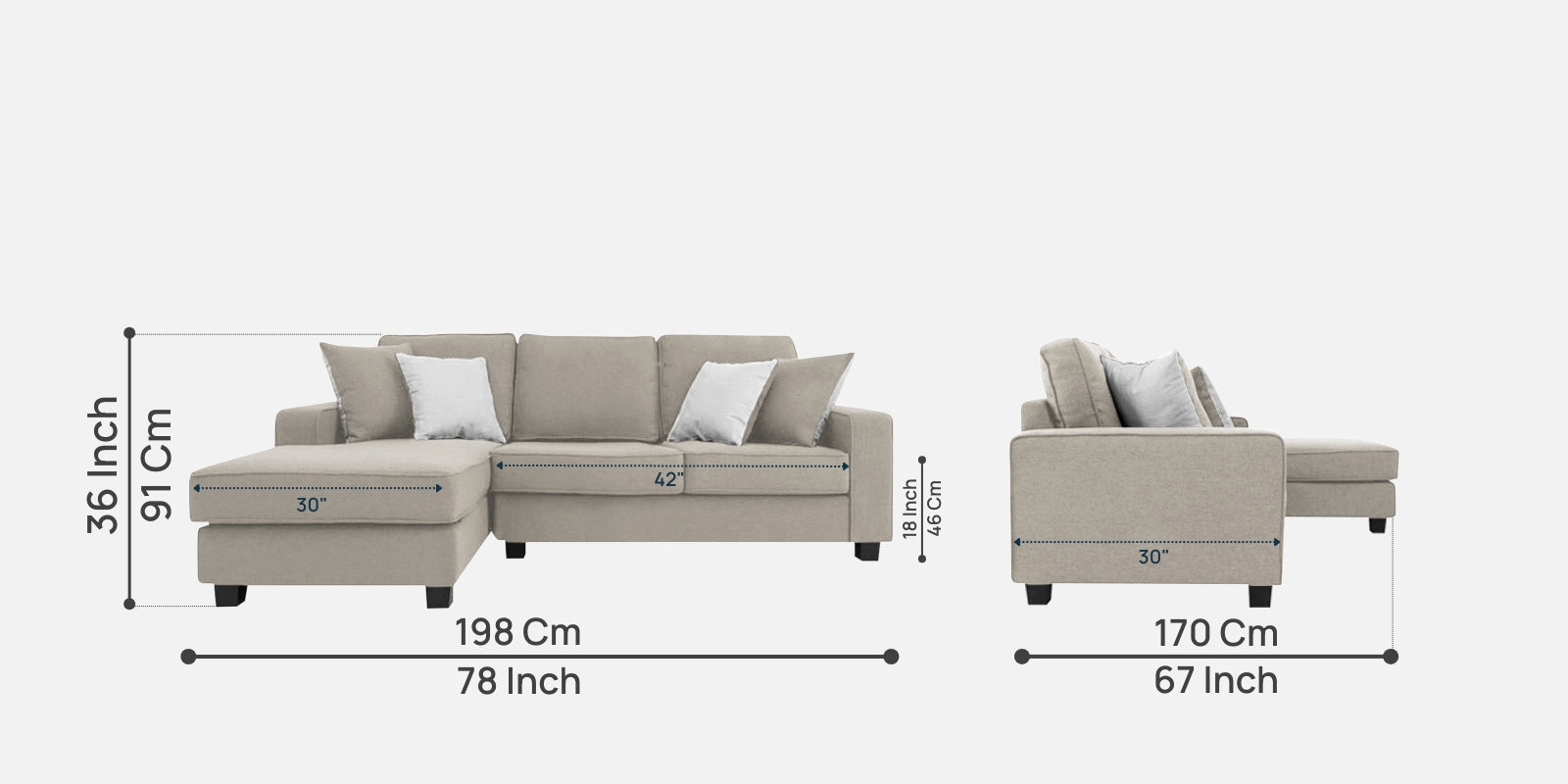 Ladybug Fabric RHS Sectional Sofa (2+Lounger) In Ash Grey Colour - Febonic Living