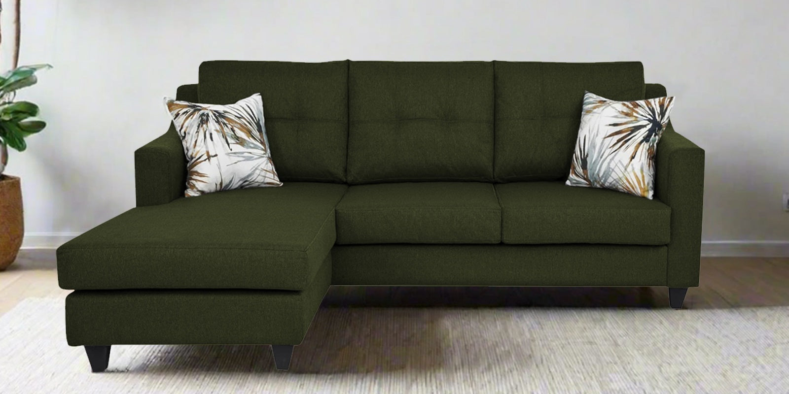 Welly Fabric RHS Sectional Sofa (2+Lounger) In Olive Green Colour - Febonic Living