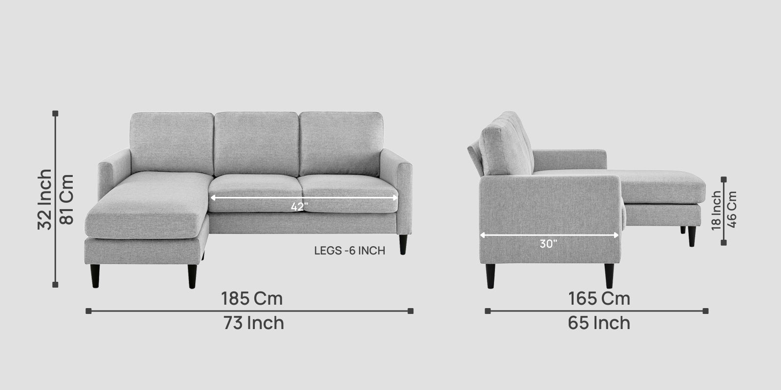 Romie Fabric RHS Sectional Sofa (2+Lounger) In Lit Grey Colour - Febonic Living