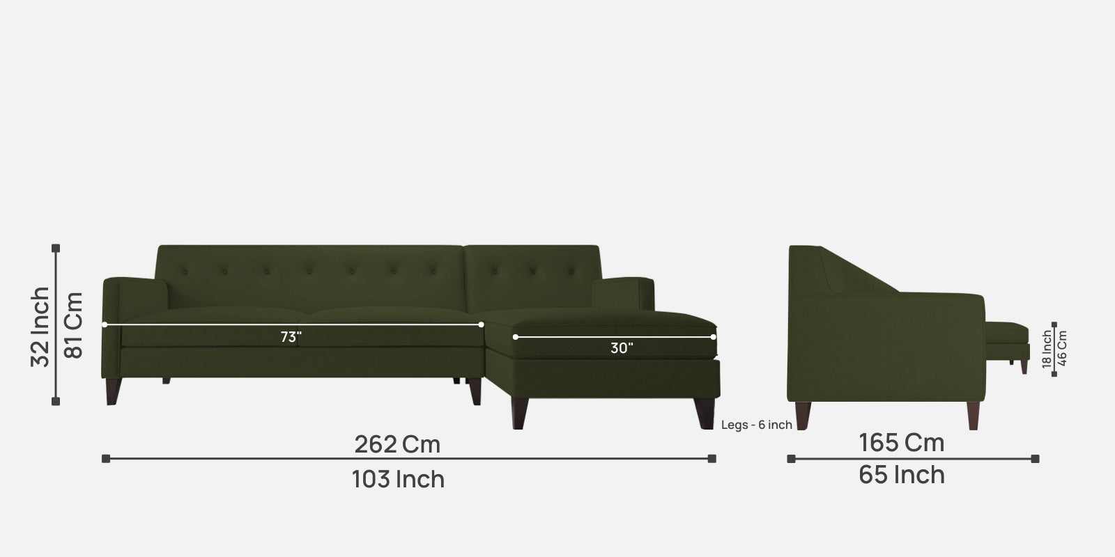 Miller Fabric LHS Sectional Sofa (3+Lounger) In Olive Green Colour - Febonic Living