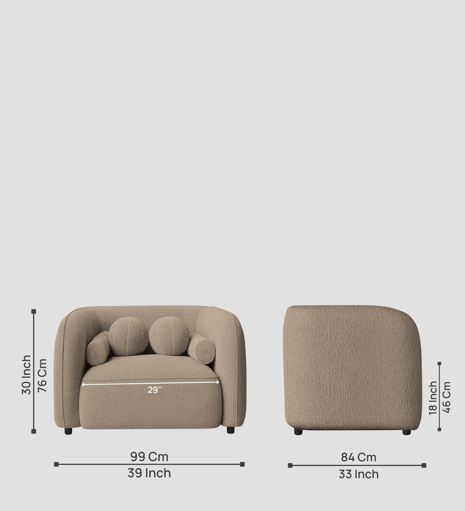 Corny Boucle Fabric 1 Seater Sofa In Mushroom Beige Colour - Febonic Living