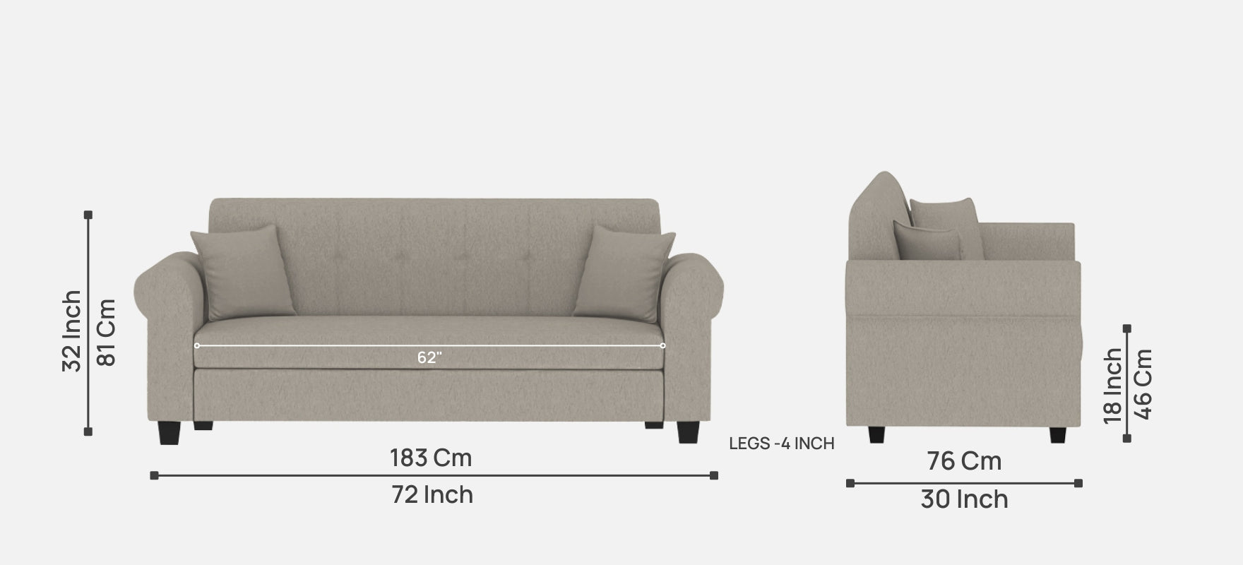 Derado Fabric 3 Seater Sofa In Ash Grey Colour - Febonic Living