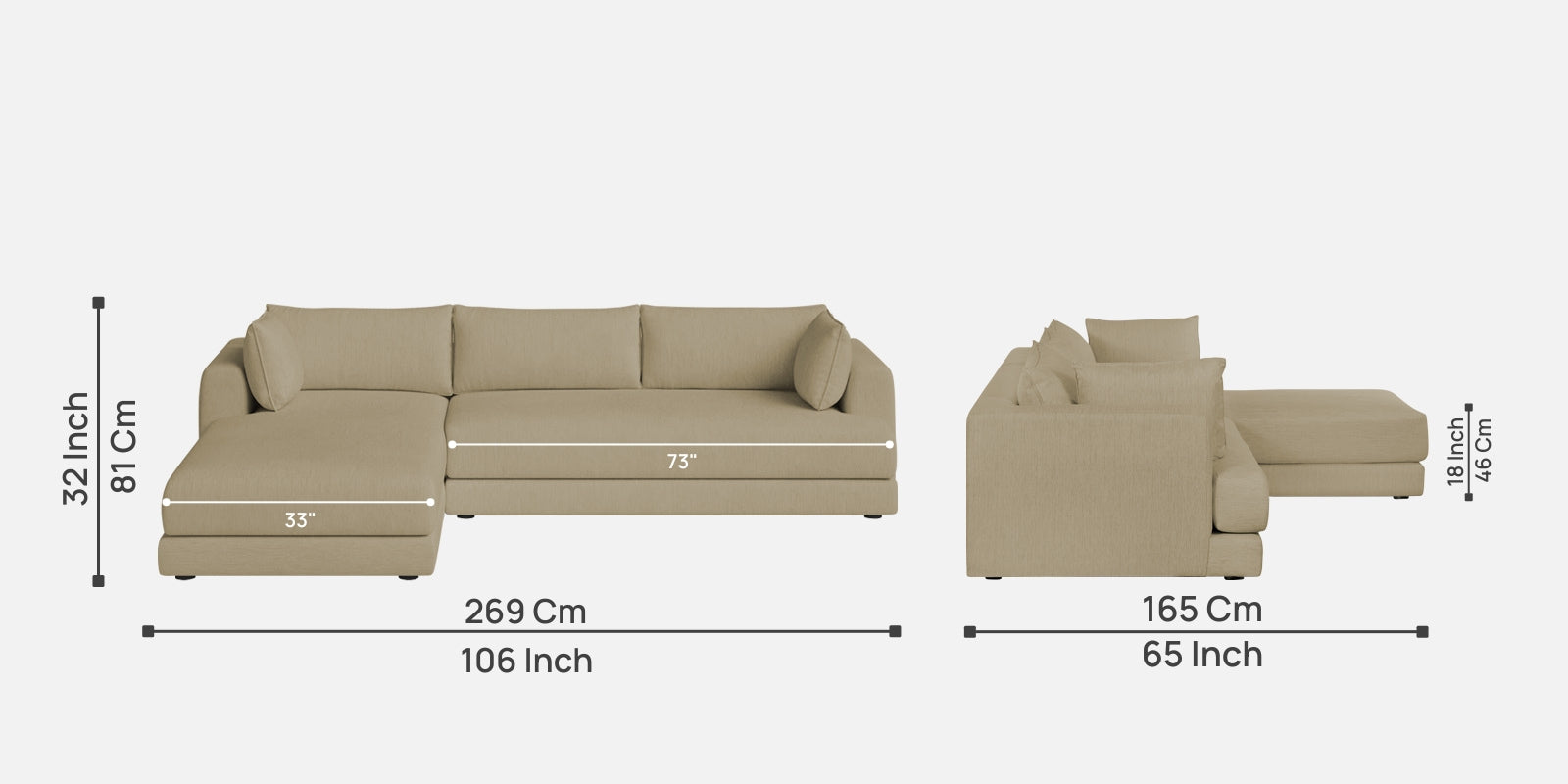 Ziggy Fabric RHS Sectional Sofa (3+Lounger) In Honey Beige Colour - Febonic Living