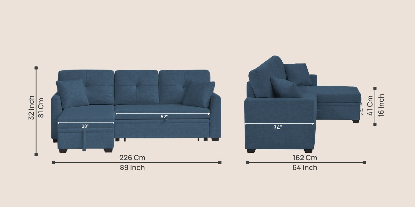 Jody Fabric 3 Seater Pull Out Sofa Cum Bed In Light Blue Colour With Storage - Febonic Living