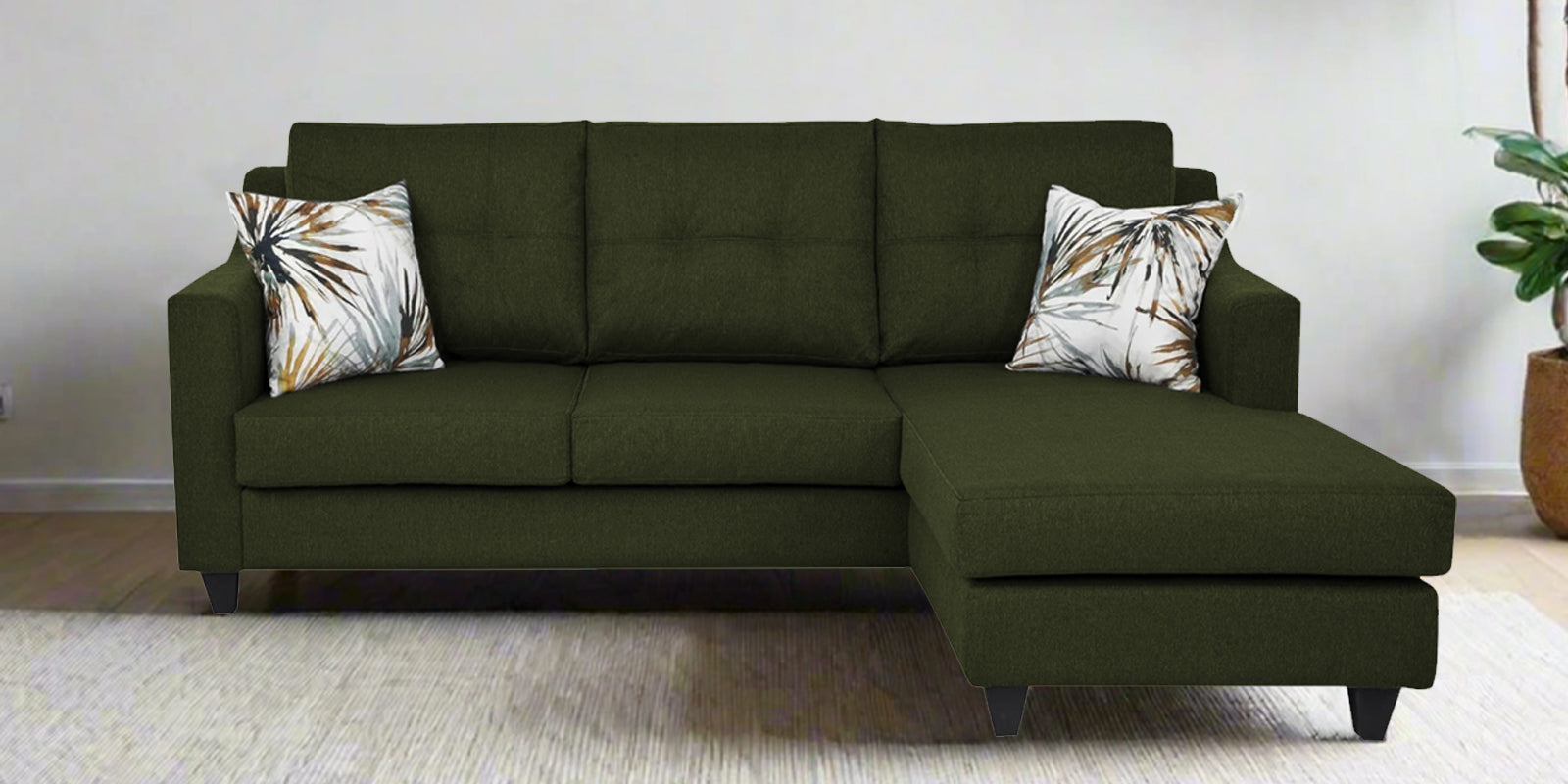 Welly Fabric LHS Sectional Sofa (2+Lounger) In Olive Green Colour - Febonic Living
