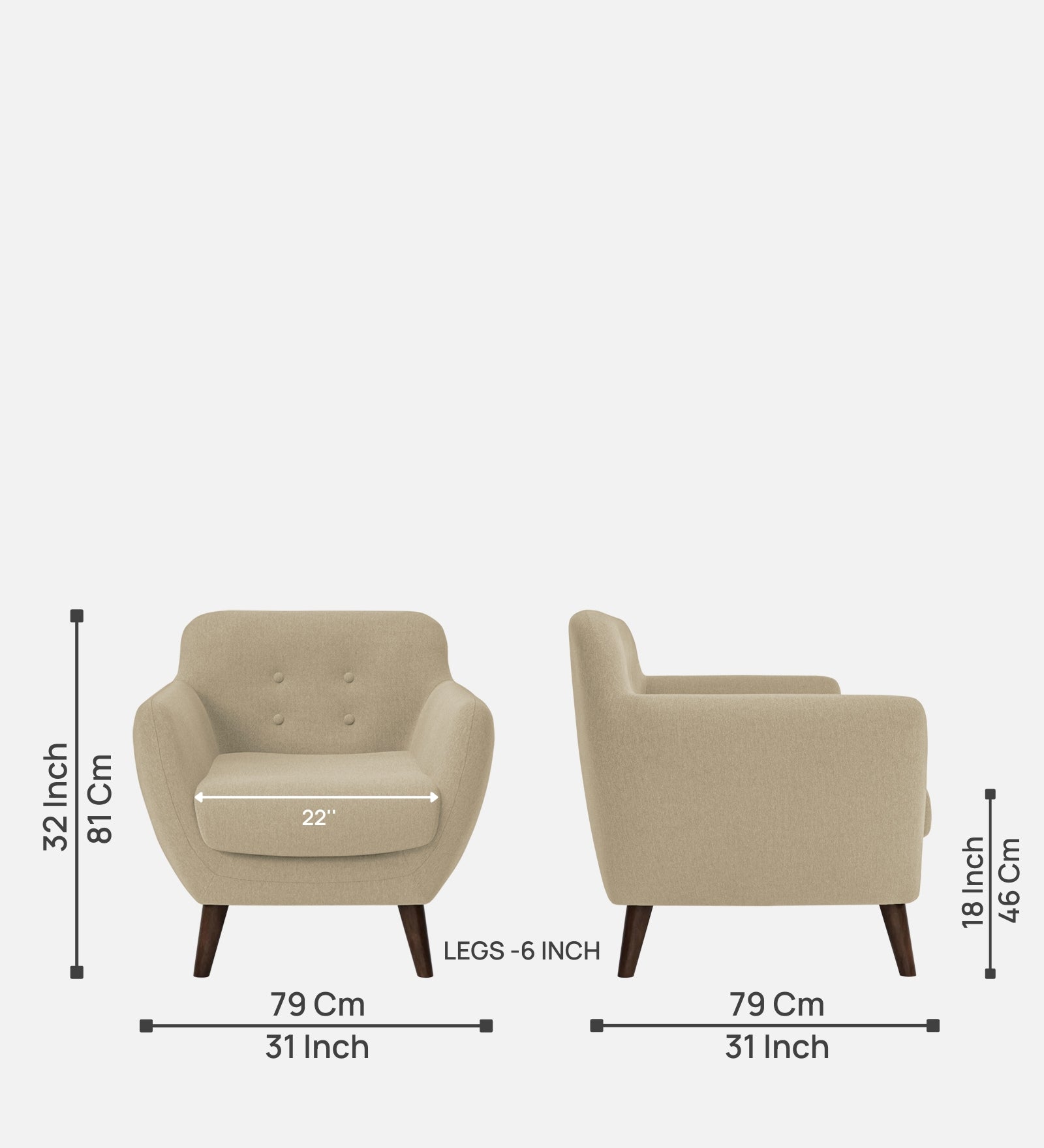 Goofy Fabric 1 Seater Sofa In Honey Beige Colour - Febonic Living
