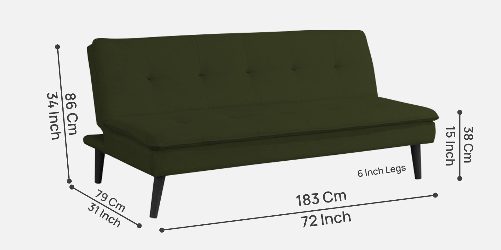 Toner Fabric 3 Seater Convertible Sofa Cum Bed In Olive Green Colour - Febonic Living