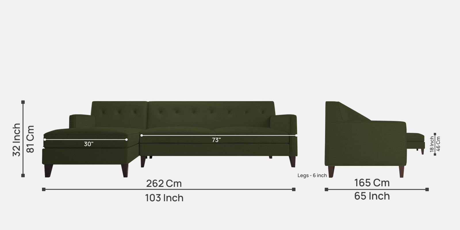 Miller Fabric RHS Sectional Sofa (3+Lounger) In Olive Green Colour - Febonic Living
