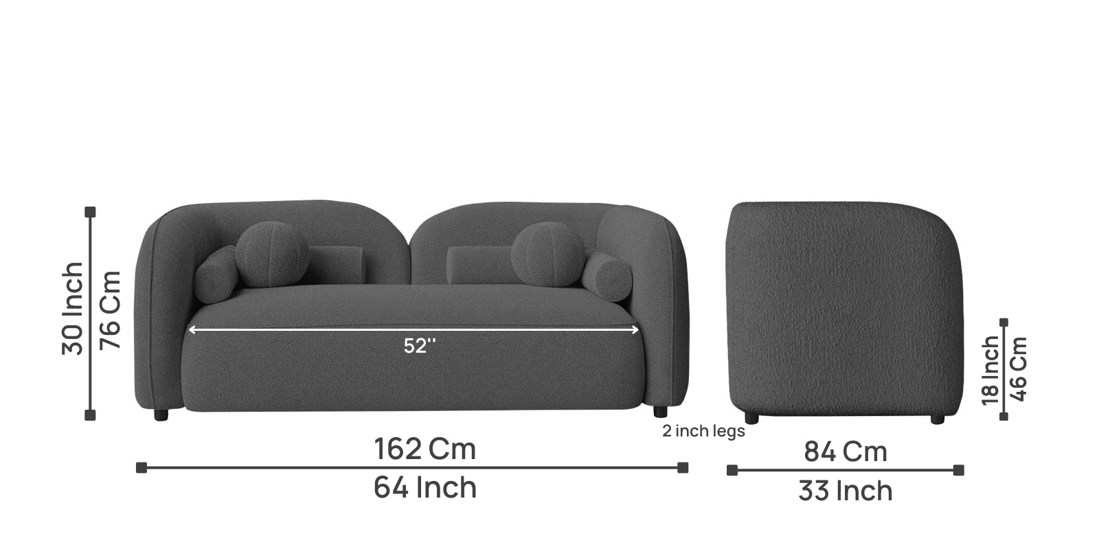 Corny Boucle Fabric 2 Seater Sofa In Lava Grey Colour - Febonic Living