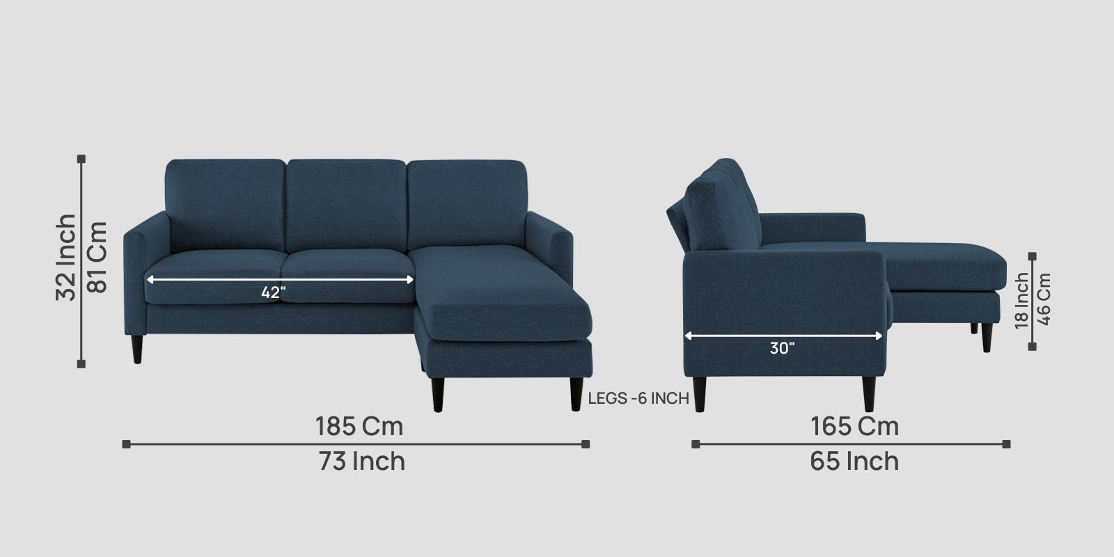 Romie Fabric LHS Sectional Sofa (2+Lounger) In Light Blue Colour - Febonic Living