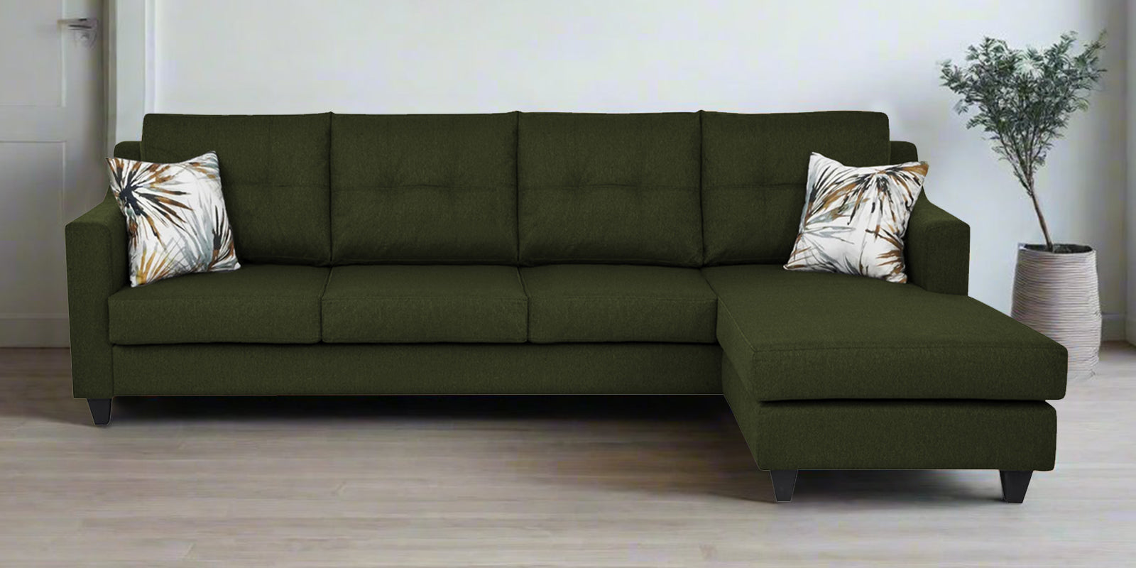 Welly Fabric LHS Sectional Sofa (3+Lounger) In Olive Green Colour - Febonic Living