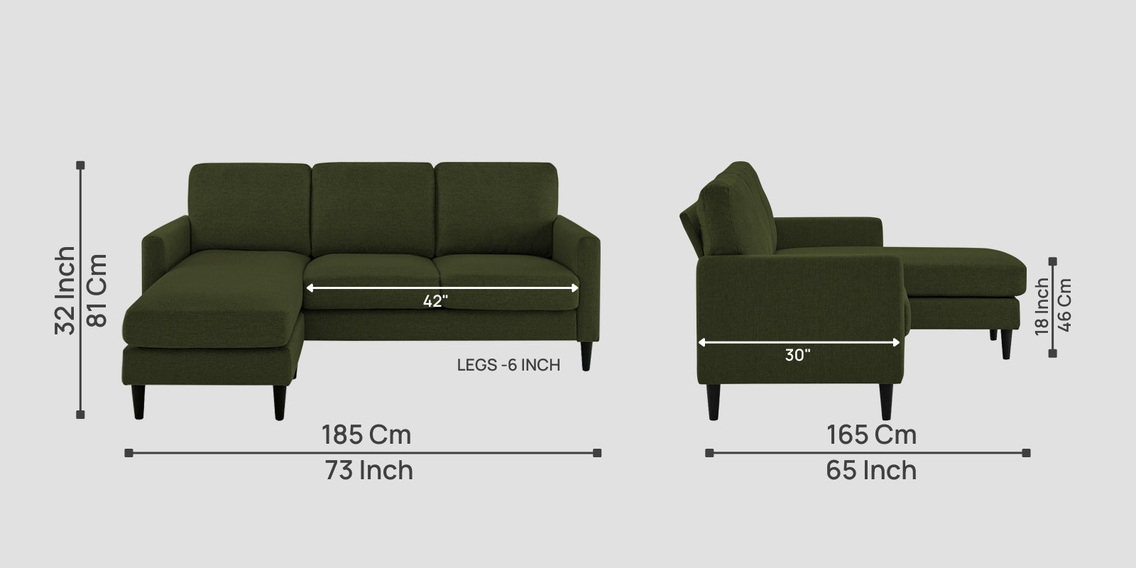 Romie Fabric RHS Sectional Sofa (2+Lounger) In Olive Green Colour - Febonic Living