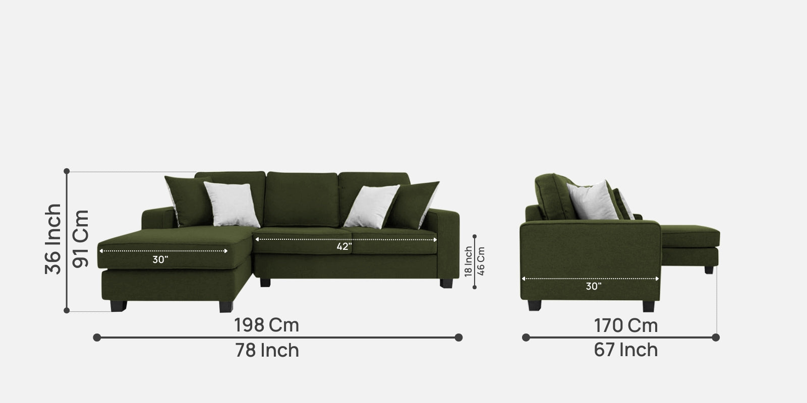 Ladybug Fabric RHS Sectional Sofa (2+Lounger) In Olive Green Colour - Febonic Living