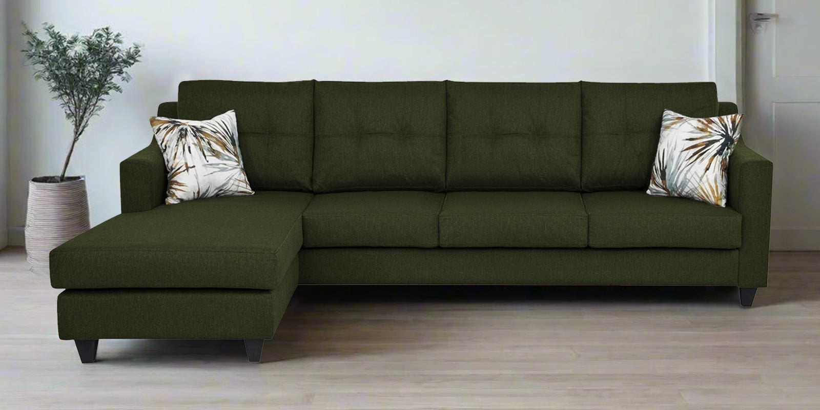 Welly Fabric RHS Sectional Sofa (3+Lounger) In Olive Green Colour - Febonic Living
