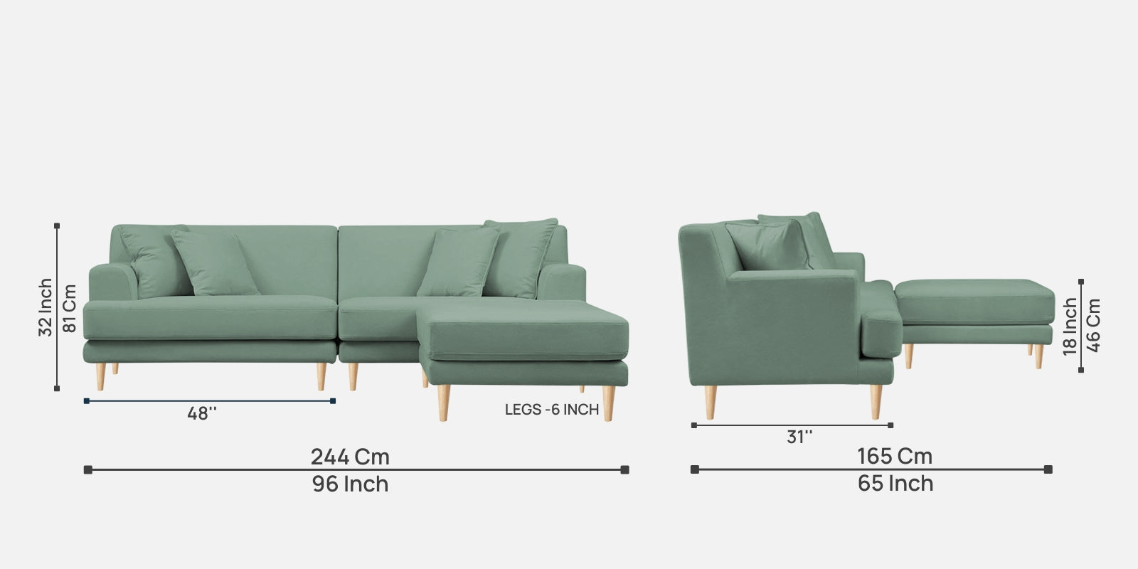 Woody Fabric LHS Sectional Sofa (3+Lounger) In Mist Blue Colour - Febonic Living