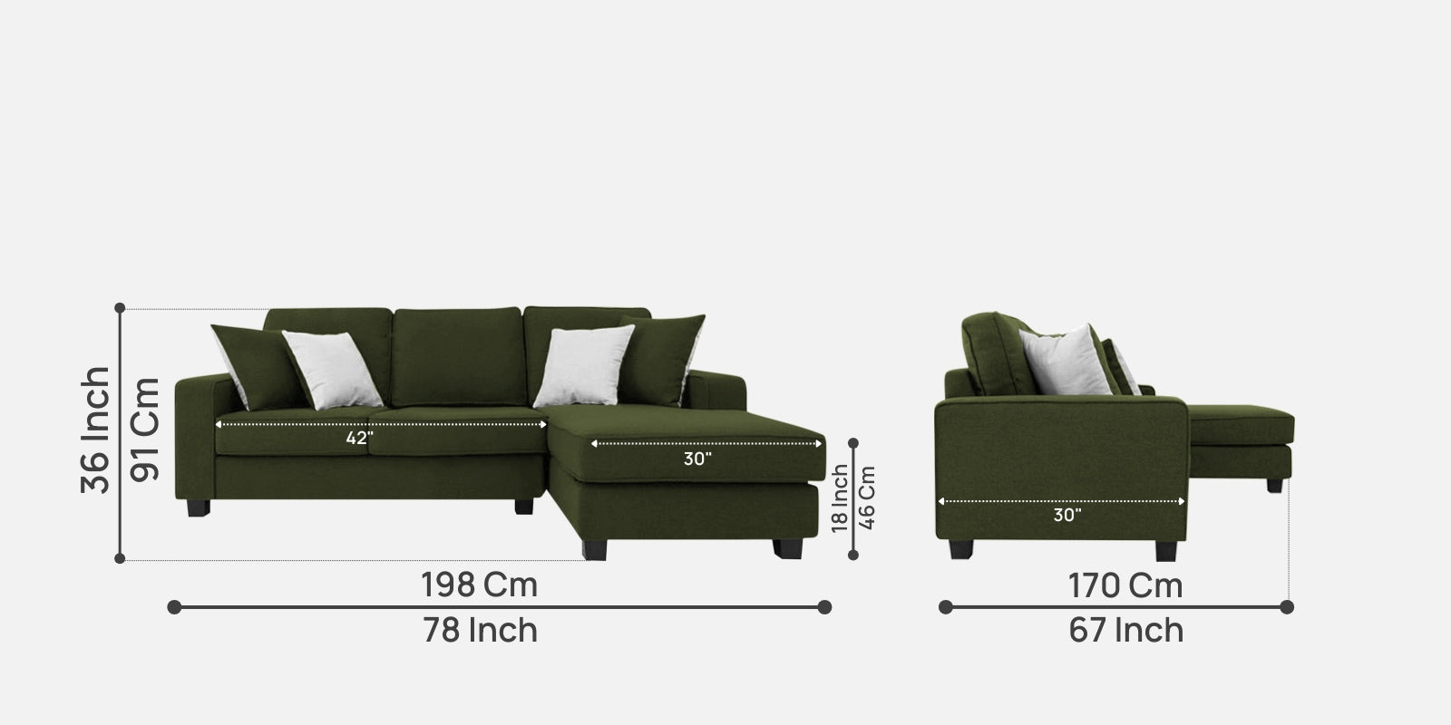 Ladybug Fabric LHS Sectional Sofa (2+Lounger) In Olive Green Colour - Febonic Living