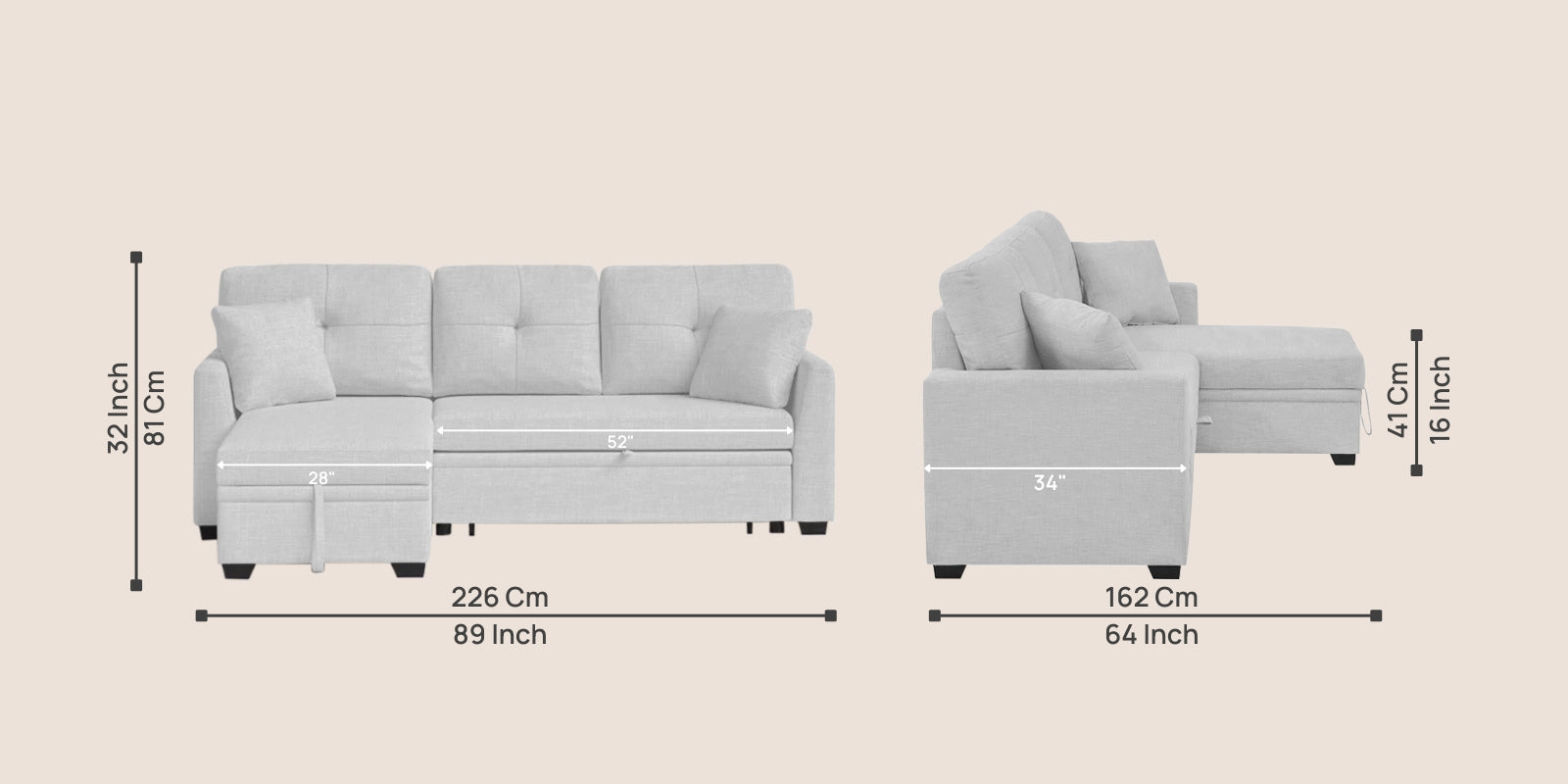Jody Fabric 3 Seater Pull Out Sofa Cum Bed In Lit Grey Colour With Storage - Febonic Living