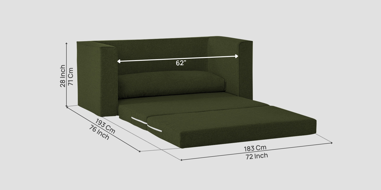 Kenia Fabric 3 Seater Foldable Sofa Cum Bed In Olive Green Colour - Febonic Living