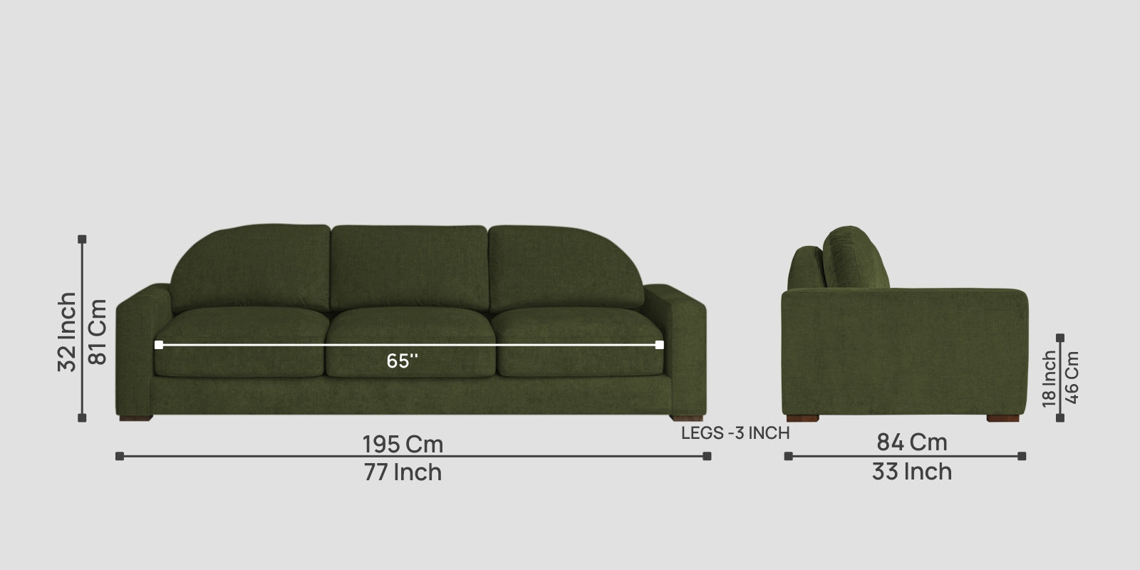 Dara Fabric 3 Seater Sofa In Olive Green Colour